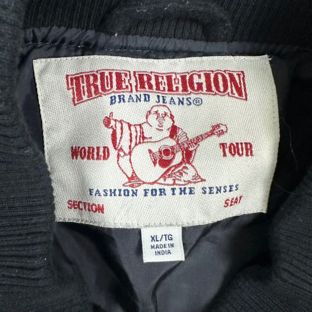 True Religion Mens Wool Blend Varsity Bomber Jacket Navy Black XL TRUE RLGN Logo